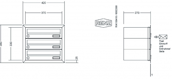 RENZ Briefkastenanlage Unterputz, Eckrahmen, Edelstahl V4A, Kastenformat 370x110x270mm, 3-teilig